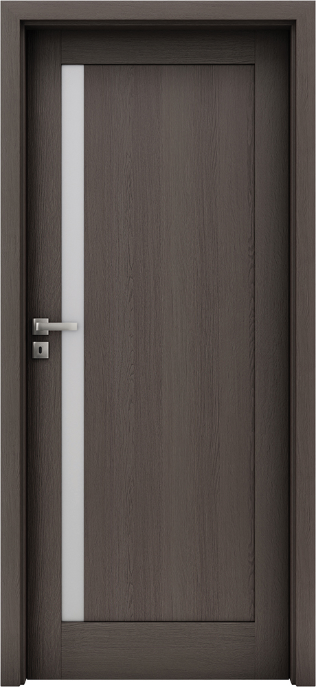 A front-facing dark gray-brown door fills the image within a broad matching frame. A slim frosted vertical glass strip runs near the left side of the central door panel. A silver lever handle and square lock plate are visible on the left, and the surface has a subtle wood-grain texture.