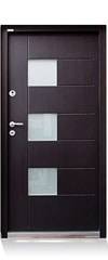 A narrow, front-facing product image shows a dark brown door in a matching frame. Three small pale glazed rectangles are arranged vertically in the upper half, with horizontal divisions across the door face. A silver handle and lock hardware appear along the left edge.