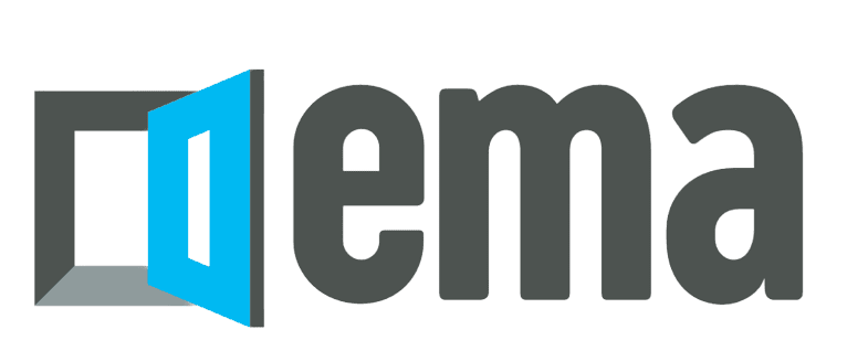 A horizontal logo graphic shows the word “ema” in large dark gray lowercase letters to the right of a stylized open-door shape. The door shape combines a dark gray frame with a bright cyan-blue panel, and its opening and surrounding canvas are transparent. Fine pale outlines trace the letters and door edges.
