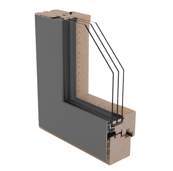 An angled cutaway shows an L-shaped window profile with a dark gray outer face and exposed light wood along the top and inner edge. Several parallel glass panes extend upward from the frame. Small dark fittings are visible where the glass meets the lower frame.