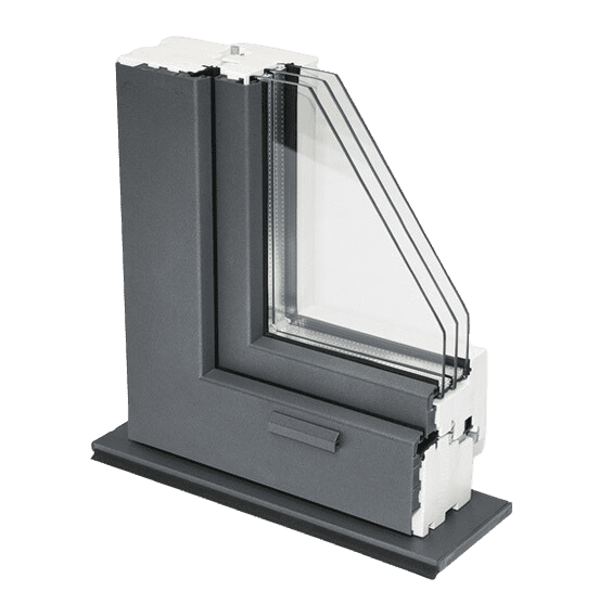 A product-style rendering shows a cutaway section of a dark gray window frame with a glazed panel. Multiple parallel glass layers meet the frame at an angle, exposing the cross-section of the assembly. The object is isolated against a muted green background.