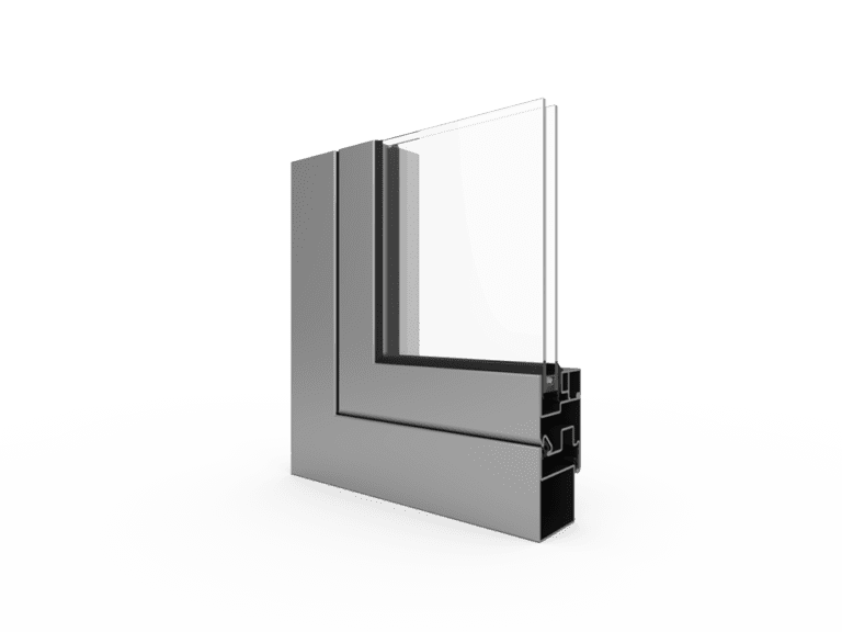 An angled cutaway shows a dark gray window profile supporting a clear glass panel. The solid outer face meets an exposed black internal section at the lower right, where small cavities and channels are visible. The sample is isolated against a muted green background with a faint pale shadow below it.
