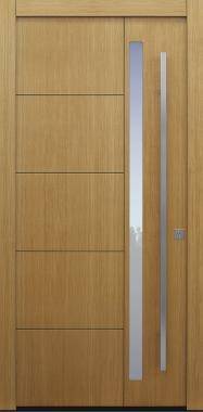 A close, front-facing view shows a golden-brown wood door filling the frame. Horizontal grooves divide the vertical wood panels, and a slim blue-gray glazed insert runs vertically just right of center. A long narrow metal pull handle is mounted to the right of the glass insert.