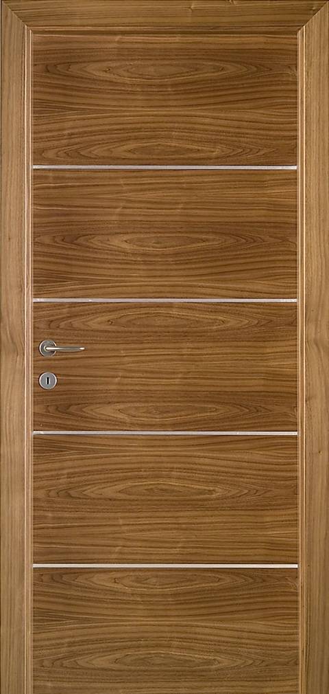 A close, front-facing view shows a warm brown wood-grain door within a matching molded frame. Several thin silver-colored horizontal inlays cross the door face. A curved silver lever and a round keyhole fitting are visible on the left side.