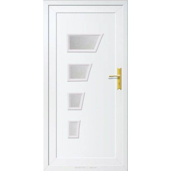 A front-facing white door is shown in a white frame against a white background. Four frosted geometric inserts form a vertical column and become progressively narrower toward the bottom. Gold-colored handle and backplate hardware appear on the right side of the door.