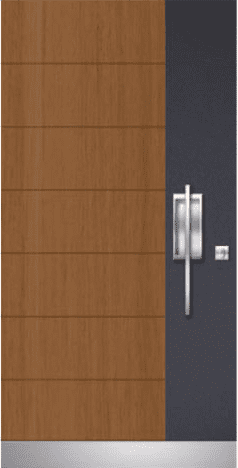The image shows a close vertical crop of a door surface with warm brown wood-grain panels on the left and a dark charcoal panel on the right. A narrow silver vertical pull handle and a small square fitting are mounted on the dark section. A light gray horizontal strip runs along the bottom edge.