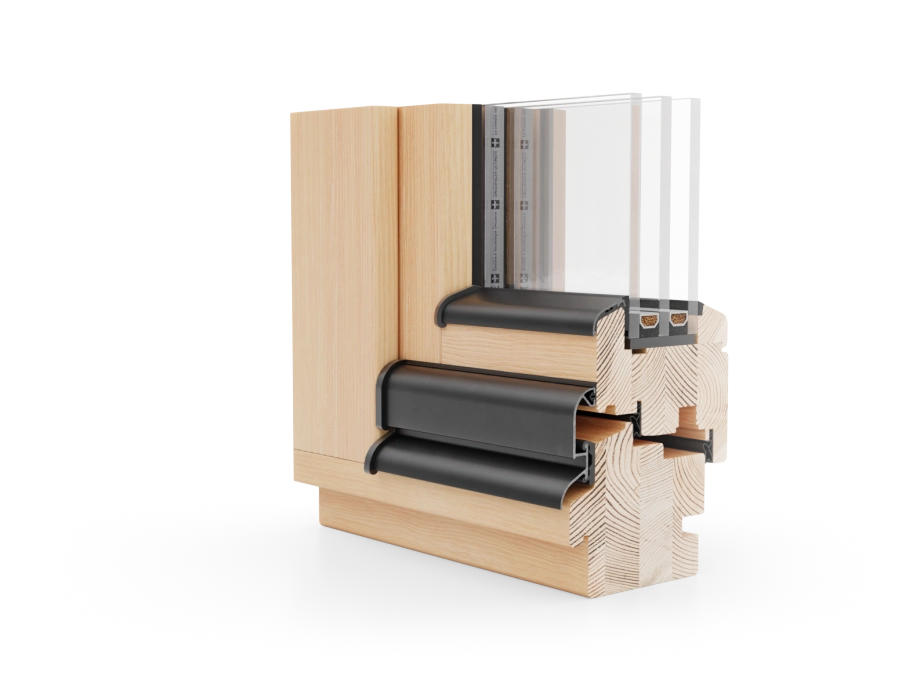 A product-style rendering shows a cross-section of a wood-colored window frame and a glazed panel. Several parallel transparent panes rise from the frame, with dark gray profiles and fittings visible between the wood sections. The cutaway exposes layered wooden members and a stepped joint around the glass assembly.
