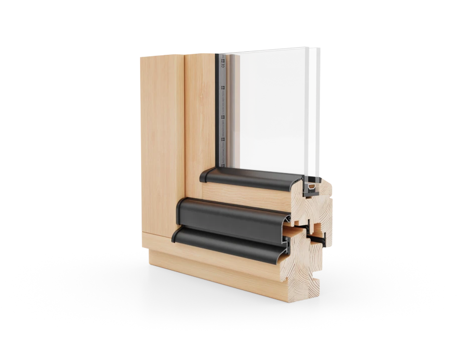 A three-dimensional cutaway shows a light natural-wood window frame meeting a glazed unit. Dark gray horizontal components cross the timber section, and a narrow dark vertical component sits beside the glass. The object is isolated against a mostly white background.